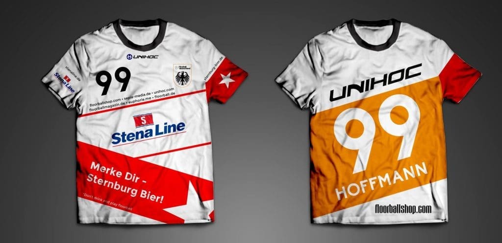 Individuell gestaltete Sublimationstrikots der Deutschen Floorball-Nationalmannschaft 2014-2016